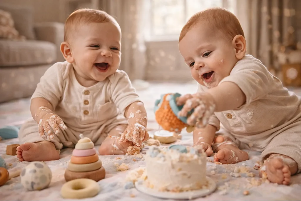25 Adorable Twin Baby Photoshoot Ideas at Home (No Photographer Needed!) twin babies playing together on floor with toys candid natural moment