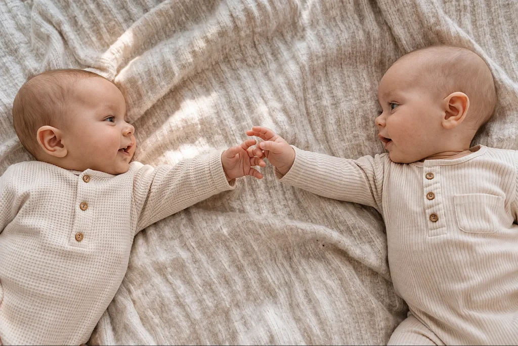 25 Adorable Twin Baby Photoshoot Ideas at Home (No Photographer Needed!) Twin babies lying on a neutral blanket reaching toward each other with soft warm lighting and emotional candid moment