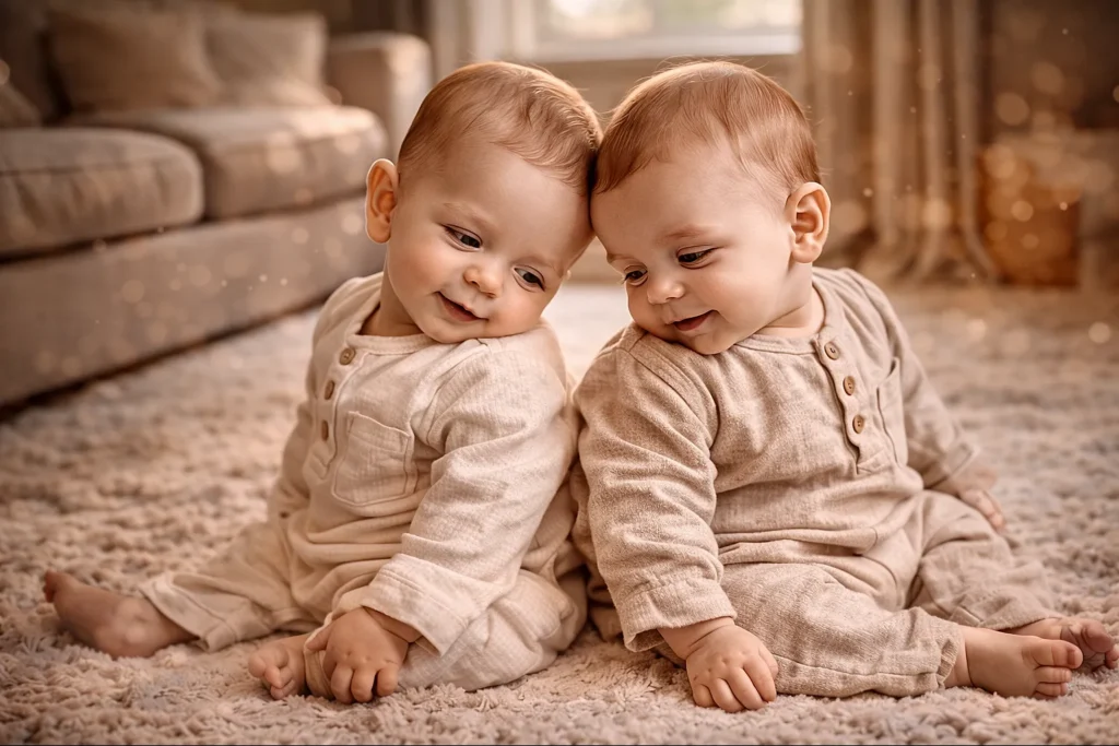 25 Adorable Twin Baby Photoshoot Ideas at Home (No Photographer Needed!) twin babies sitting back to back on soft rug at home with natural light