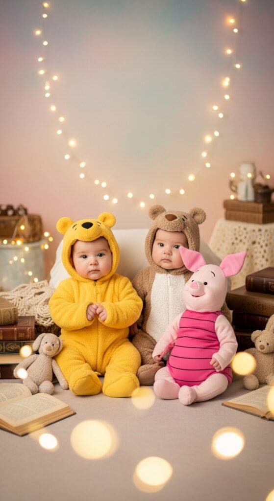25 Adorable Twin Baby Photoshoot Ideas at Home (No Photographer Needed!) twin babies dressed as storybook characters with soft fantasy background