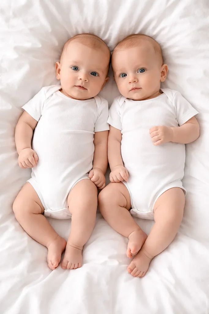 25 Adorable Twin Baby Photoshoot Ideas at Home (No Photographer Needed!) Twin babies in white onesies lying on white bedding in a high-key minimalist photography setup with soft shadows