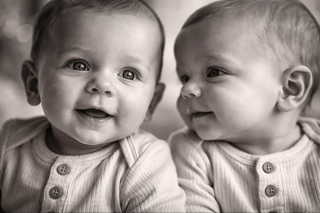25 Adorable Twin Baby Photoshoot Ideas at Home (No Photographer Needed!) black and white close-up portrait of twin babies faces with soft lighting and emotional expressions