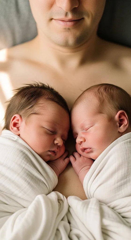 25 Adorable Twin Baby Photoshoot Ideas at Home (No Photographer Needed!) Candid lifestyle photo of twin newborn babies wearing white knit hats, resting skin-to-skin on their father's chest in a cozy, sunlit home bedroom